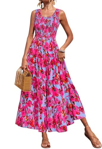 PRETTYGARDEN Womens Floral Summer Dresses 2026 Smocked Square Neck Sleeveless Maxi Dress Tiered Hem Flowy A Line Sun Dress (Floral Purple Red, Large) - Image 1