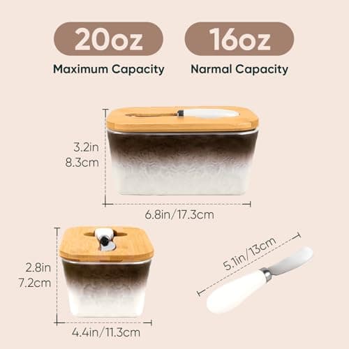 GLAVIONIX Butter Dish with Lid, 6.5" Large Butter Container for Countertop, Ceramic Brown Butter Keeper Container with Knife, Bamboo Cover and High-Quality Silicone Sealing for Home Decor - Thumbnail 3