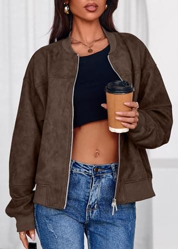 Lazysmile Women's Faux Suede Bomber Jackets Fall Fashion Outfits Winter Clothes Stand Collar Zip Up Coats Outwear - Thumbnail 3