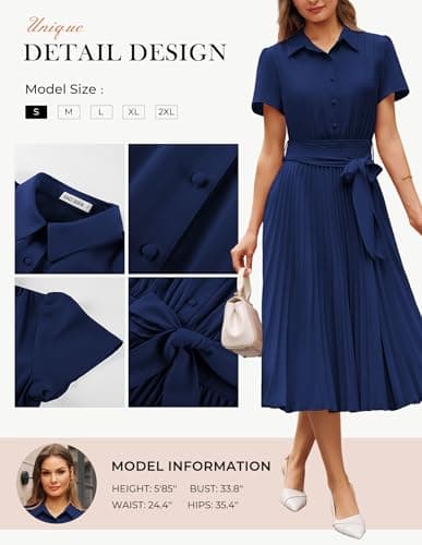 GRACE KARIN Women 2026 Summer Business Shirt Dress,Short Sleeve Collared Neck Button Midi Dresses,Pleated Casual Dresses Navy Blue L - Thumbnail 5