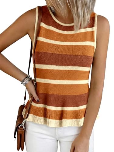 Cicy Bell Womens Striped Sweater Vest Summer Casual Sleeveless Ruffle Knit Tank Tops Crew Neck Lightweight Shirts Mustard - Image 1