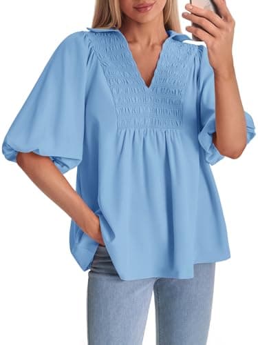 Cicy Bell Womens Summer Puff Sleeve Blouses Smocked V Neck Babydoll Peplum Casual Tunic Tops Loose Fit Pleated Shirts Blue - Image 1