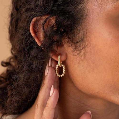 MUMREUES Gold Earrings for Women 14K Gold Plated Paperclip Hoop Dangle Earring Dainty Minimalist Simple Drop Earrings Jewelry Gift for Her - Thumbnail 2