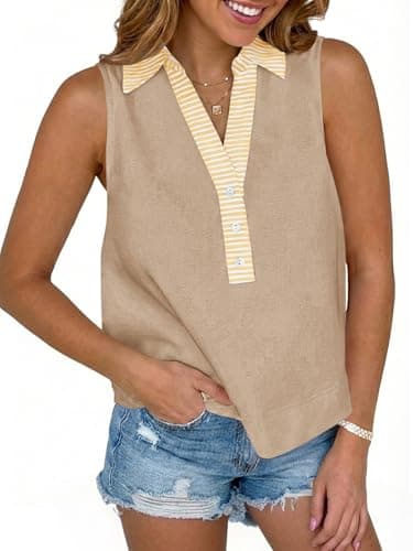 Tankaneo Womens V Neck Cropped Tank Tops Summer Dressy Casual Loose Fit Sleeveless Shirts Button Up Color Block Tees Khaki - Image 1