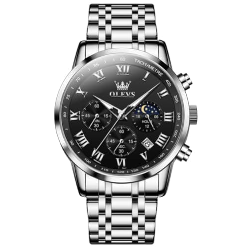 OLEVS Watch Men Luxury Black Mens Watches Silver Stainless Steel Waterproof Luminous Watches for Men Chronograph Moon Phase Big Face Man Watch Date Dress Fashion Analog Quartz Relojes para Hombres - Image 1