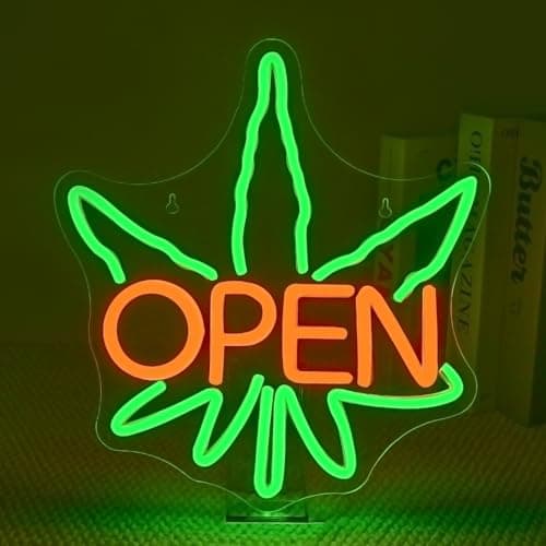 ineonlife Green Leaves Open Neon Sign USB Neon Signs for Wall Decor Psychedelic Led Light for Bar Club Cafe Shop Parties Window Decorations Art Green Leaves Light - Image 1