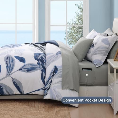WRENSONGE Queen Comforter Set- 7 Pieces Blue Tropical Leaves Soft Bedding Sets, Coastal Bed in a Bag, Botanical Printed Comforter with Sheets for All Season - Thumbnail 4