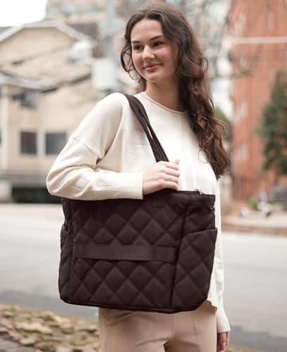 Uselike Tote Bag for Women, Lightweight Puffer Tote Work Bags with Compartments for Travel, Quilted Shoulder Bag with Zipper (Dark Brown) - Thumbnail 2