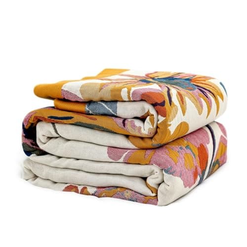 King Throw Blanket for Bed 100% Cotton Boho Soft Rustic Quilt Butterfly and Floral Double Embroidery Breathable Spring Bed Blanket,90"x108" All Season Blankets for Bedding Couch Home Decor - Image 1