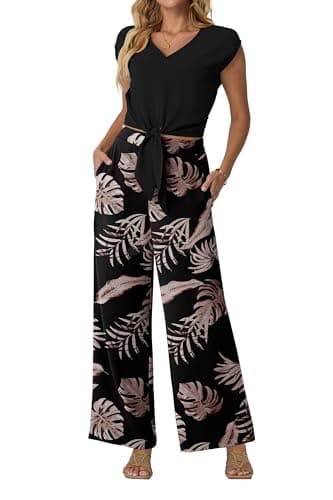 Lepunuo Summer 2 Piece Outfits for Women 2025 V Neck Belted Crop Tops Wide Leg Pant Sets Casual Beach Vacation Tracksuit - Image 1