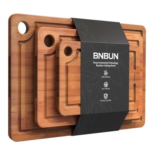 Bamboo Cutting Board for Kitchen, 3-Piece Wooden Cutting Board Set with Deep Juice Grooves, Side Handles, Non-Slip Mats, Reversible Chopping Boards for Meat, Veggies, Fruit, Cheese Serving