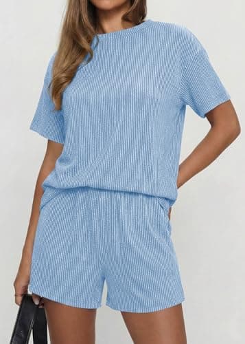 KIRUNDO 2 Piece Sets for Women Summer Shorts Lounge Set Matching Ribbed Knit Short Sleeve Top Airport Travel Vacation Outfits(Light Blue, X-Large) - Thumbnail 5