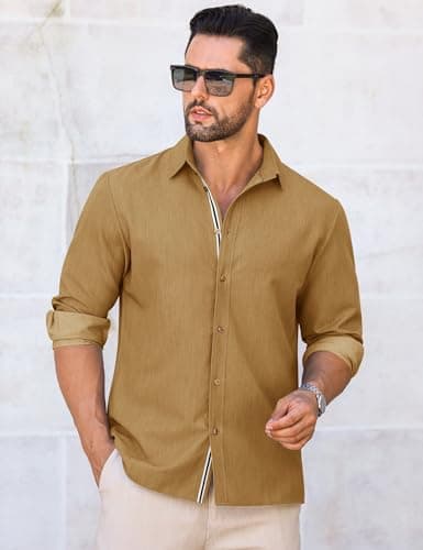 LETSEE Men's Button Down Dress Shirt Long Sleeve Untucked Business Casual Shirt Wrinkle Free Stretch Denim Texture - Thumbnail 2