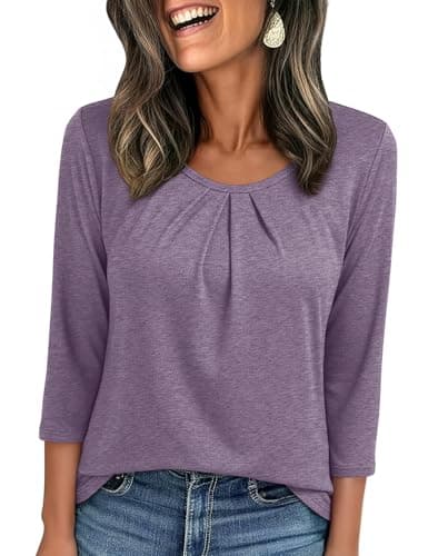 JUSTFASHIONNOW Womens 3/4 Length Sleeve Tops Crewneck Pleated T-Shirts Dressy Casual Tunic Basic Business Blouses(RoseTaupe Medium) - Image 1