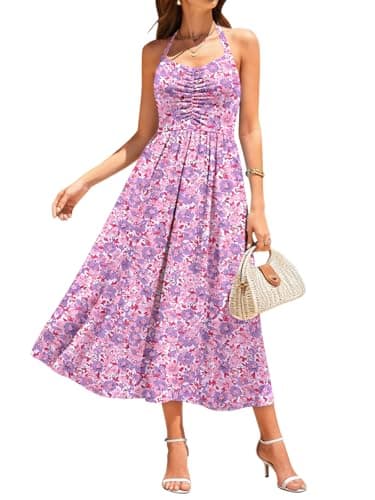 YIOYOLA Sundress for Women Casual Summer Party Beach Vacation Dress Teen Stretchy Halter Wedding Guest Cottage Core Midi Milkmaid Dresses(YYL641-Purple Red F 01,L) - Image 1