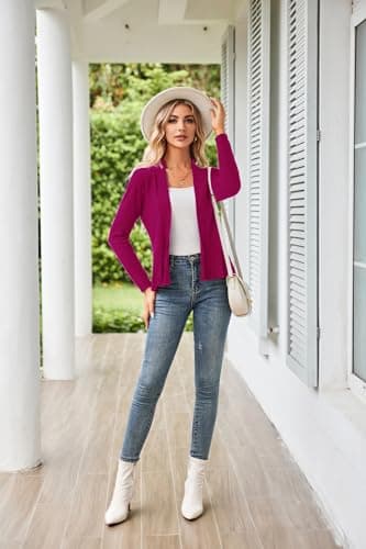 GRACE KARIN Women's Lightweight Peplum Cardigan Sweaters Open Front Cropped Cardigan Long Sleeve Trendy Summer Knit Tops Rose Red XXL - Thumbnail 6