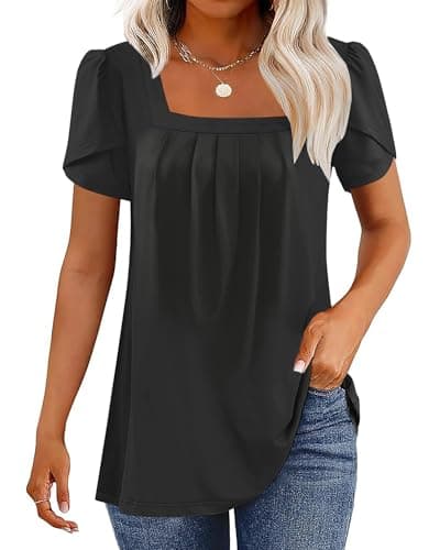 WNEEDU Womens Plus Size Business Blouses 2025 Summer Tops Pleated Tunics Crew Neck Petal Short Sleeve Shirts Casual T-Shirts Black,M - Image 1