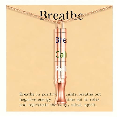 Fidget Necklace with Spinning Calm, Breathe, Relax Charms - Sensory Anxiety Relief & Deep Breathing Aid Stainless Steel Necklaces for Women Men (Rose Gold)