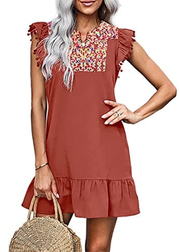 KIRUNDO Women's 2026 Summer Mini Dress Spring Casual V Neck Floral Embroidered Ruffle Sleeveless Shift Flowy Boho Dress (B-Brick Red, Small) - Image 1