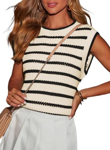 Dokotoo Blouses for Women Dressy Casual Fashion Crew Neck Sleeveless Pullover Sweaters Vest Basic Striped Loose Fit Lightweight Cute Shirts Comfy Cozy Ribbed Knit Tank Tops Black Stripe X-Large - Image 1
