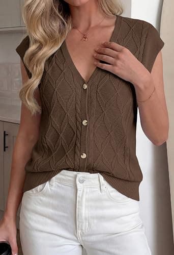 BTFBM Sweater Vest Women V Neck Cap Sleeve Button Down Knit Tops Spring Summer 2026 Loose Lightweight Cardigan Vests(Brown, Medium) - Thumbnail 2