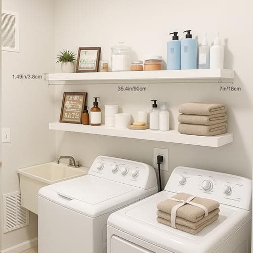 Mifurn Floating Shelves for Wall, Bathroom Shelves Over Toilet, Wall Shelves & Book Shelf for Room, Hanging Shelf, Modern Wooden Mounted Floating Shelves, 36x7x1.5 in (White, Set of 2) - Thumbnail 5