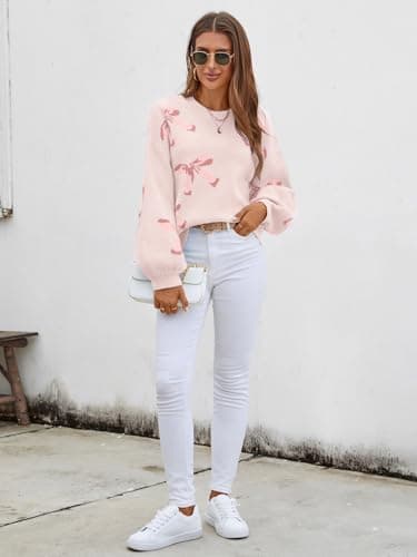 Libsorge Womens Valentine Bow Sweater 2026 Valentines Day Trendy Cute Oversized Bows Long Sleeve Pullover Sweaters Light Pink XL - Thumbnail 5