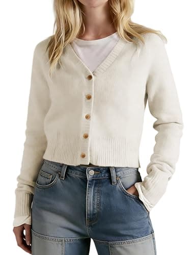 Vimida Women's V Neck Slim Fit Cardigans Button Down Long Sleeve Short Sweater Casual Comfort for Office Lounge(ige-L) Beige