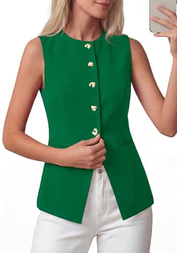 BTFBM Blazers for Women Vest Tops Business Casual Outfits Button Down Sleeveless Pockets Office Work Clothes Spring 2026(Green, X-Large) - Image 1