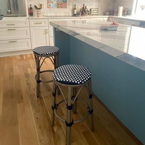 PURPLE LEAF Outdoor Round Bar Height Stool Set of 2 Patio Backless Barstools Aluminum Frame in Champagne Finish with Navy Blue & White Woven Rattan for Indoor Kitchen Dining Bistros Cafe Restaurant - Image 1