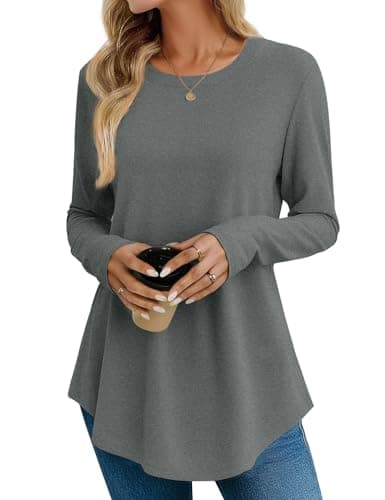 JUSTFASHIONNOW Long Sleeve Shirts for Women Tunic Tops To Wear With Leggings Crew Neck Dressy Casual Blouses Flowy Tops Trendy Fall (Grey, Medium) - Thumbnail 2