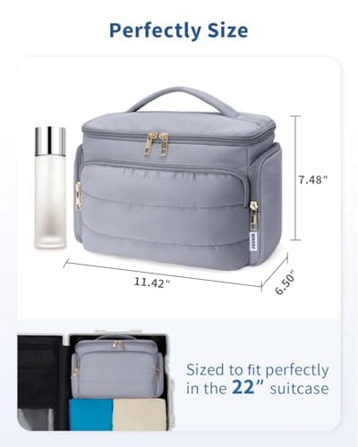 WANDF Travel Toiletry Bag for Women, Wide-open Large Makeup Bag with Handle, Puffy Makeup Organizer for Toiletries, Cosmetics, Accessories, Essentials (Slate Blue) - Thumbnail 6