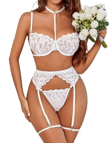 Avidlove Lingerie For Women Sexy Bra And Panty Sets With Garter Belt 3 Piece Underwire Lingeries Set Babydoll Bodysuit White - Image 1