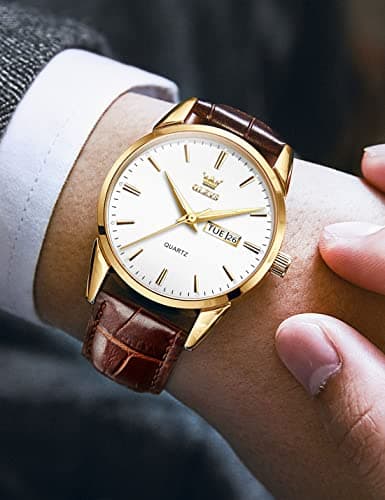 OLEVS Brown Leather Mens Watches Classic Analog Quartz Watch Ultra Thin Waterproof Watches for Men Small Casual Dress Date Day White Dial Men's Wrist Watch Simple Easy Reader Reloj para Hombre - Thumbnail 3