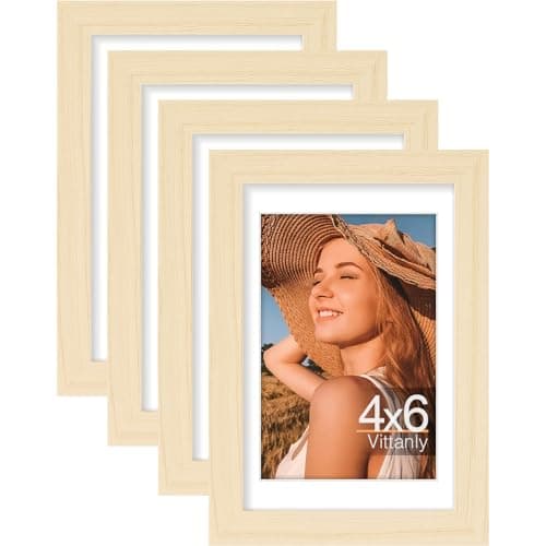 Vittanly 4x6 Picture Frame Set of 4, Display Pictures 3.5x5 with Mat or 4x6 without Mat, Photo Frames for Wall or Tabletop Display, Engineered Wood with Shatter Resistant Plexiglass, Natural Wood - Image 1