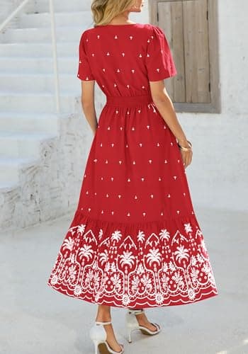 BTFBM Womens Summer Dresses 2026 Casual Short Sleeve Elastic Waist Flowy Beach Vacation Floral Boho Maxi Dress Pockets (Red White Flower, Medium) - Thumbnail 3
