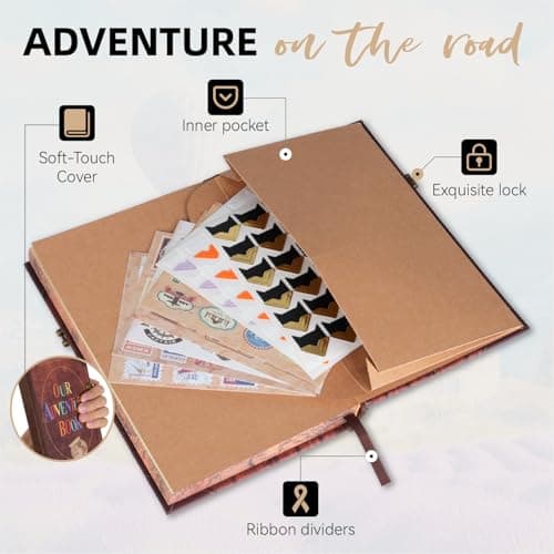 Our Adventure Book Travel Scrapbook Journal Notebook, 160Pages Scrap Book Photo Albums, Faux Leather Journaling Diaries, Scrapbooking Gifts Set With Pen and Stickers for Anniversary Wedding Office - Thumbnail 4