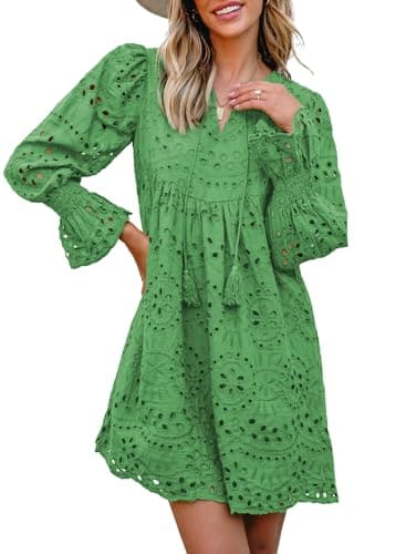 Dokotoo Prom Dress for Women 2026 Trendy Flare Long Sleeve Tassel V Neck Green Dresses Elegant A Line Hollow Out Lace Ruffle Casual Dress Plus Size Spring Clothes Large - Image 1