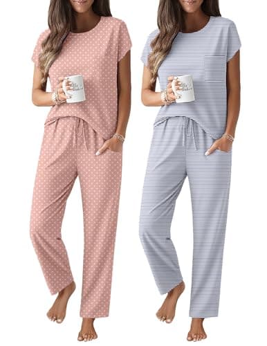 Ekouaer 2 Packs Pajamas for Women Set Cap Sleeve Top and Pants Soft Sleepwear Comfy Pjs Set with Pockets - Image 1