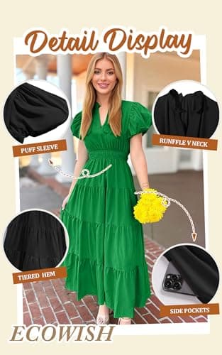 ECOWISH Womens Midi Dress Summer Casual A Line Maxi Shirt Dresses Spring Short Sleeve Button Front V Neck Pockets Work Dress 25Navy Blue Small - Thumbnail 4