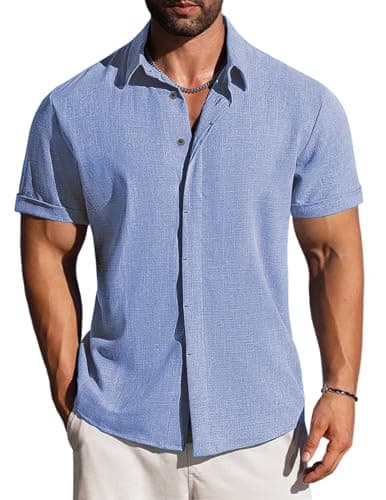 LETSEE Linen Shirts for Men Short Sleeve Button Down Casual Beach Summer Hawaiian Dress Shirt Clothing, Denim Blue, Large - Image 1
