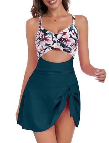ZAFUL Women One Piece Swimsuit 1 Piece Bathing Suit Slimming Tummy Control Swim Dress Modest Swimwear Push Up Cut Out V Neck Swimdresses 2025 Trendy Cute Tie Knot Tankin Lake Green XL - Image 1