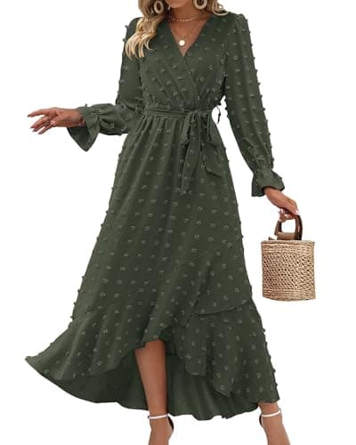 BTFBM Long Sleeve Maxi Dresses for Women Swiss Dot Boho Flowy Slit Cocktail Wedding Guest Dress Spring Clothes 2026(Army Green, XX-Large) - Image 1