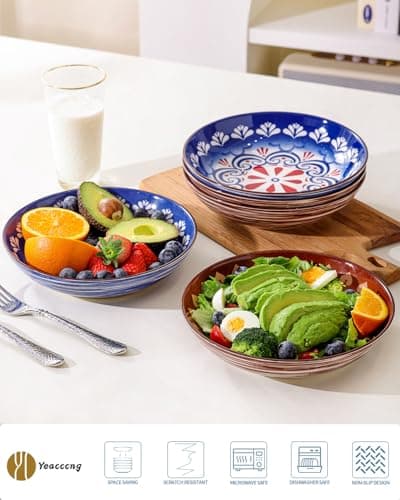 Yeacccng Pasta Bowls Set of 6, 35 Oz Ceramic Large Salad Bowl, 8.5 Inch Colorful Serving Bowls for Kitchen, Dishwasher & Microwave Safe, Scratch-Resistant, Lead-Free (Brown*3 + Blue*3) - Thumbnail 3