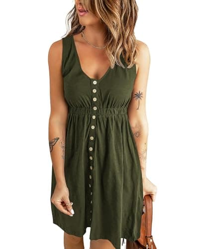 BTFBM Summer Dresses for Women 2026 Casual Spring Clothes Sleeveless Crewneck Beach Vacation Outfits Mini Flowy Sun Dress(Buttons Army Green, X-Large) - Image 1