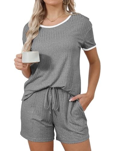 HDLTE Womens Ribbed Sleepwear Outfits Short Sleeve Top and Shorts 2 piece Lounge Set Gray - Image 1