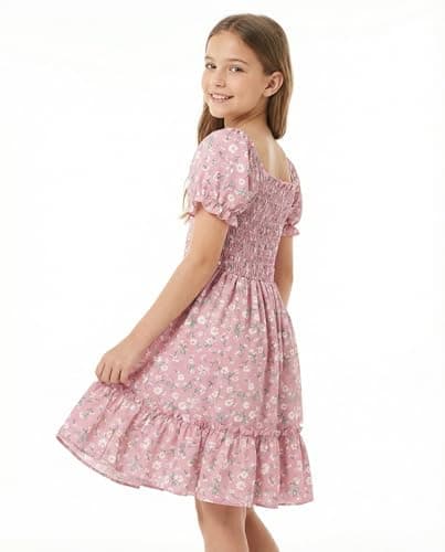 FREELYVE Girls Summer Floral Smocked Dress Square Neck Puff Sleeve Ruffle School Party Teen Sundress,Pink,12-13Y - Thumbnail 2