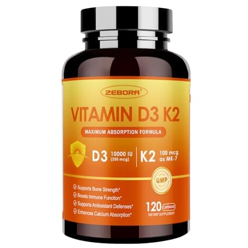 ZEBORA Vitamin D3 K2 - Maximum Strength 10000IU D3 & 100mg K2 as MK-7 - Heart, Bone, Immune Health & Antioxidan Defenses Support - Gluten-Free, Non-GMO, 120 Capsules - Image 1