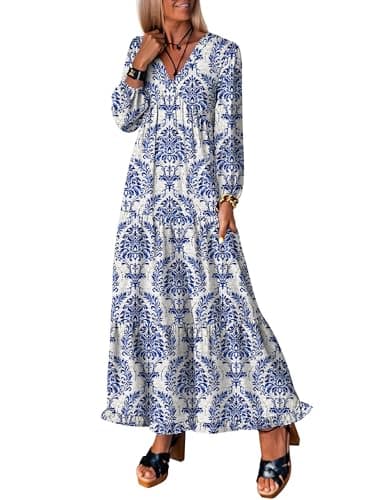 ANRABESS Womens Long Sleeve Boho Maxi Dress 2026 Fall V Neck Floral Striped Casual Loose Fit Beach Vacation Dresses Blue Khaki Large - Image 1