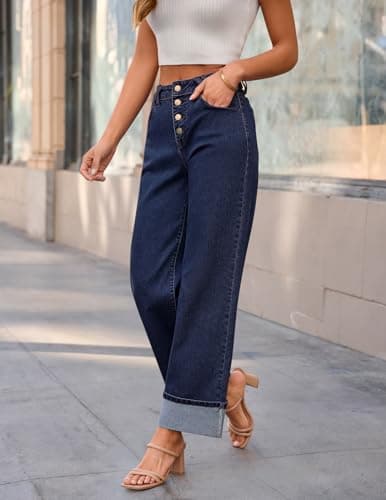 MEROKEETY Wide Leg Jeans Women 2026 Baggy Trendy Mid Rise Button Fly Straight Leg Turned-up Hem Denim Pants with Pockets, Navy Blue, Size 20 - Thumbnail 2